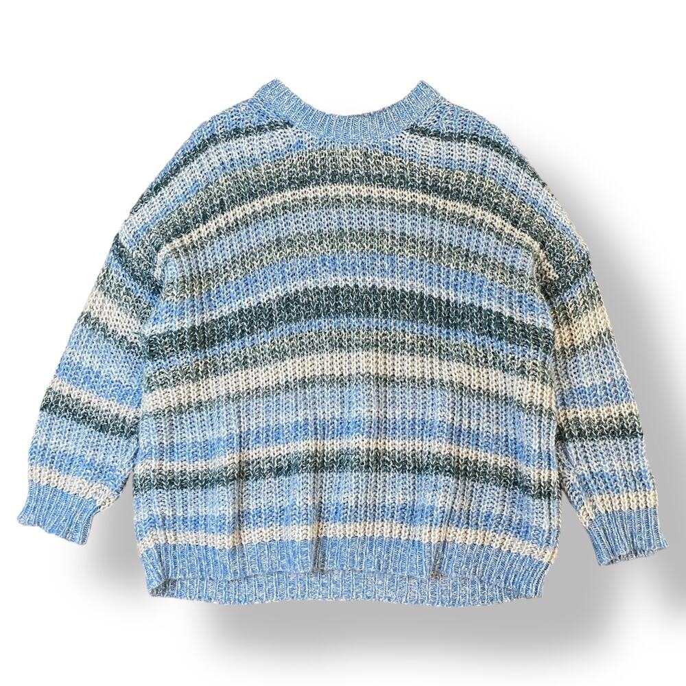 American Eagle Blue Striped Oversized Open Knit Crewneck Sweater Size L Boho